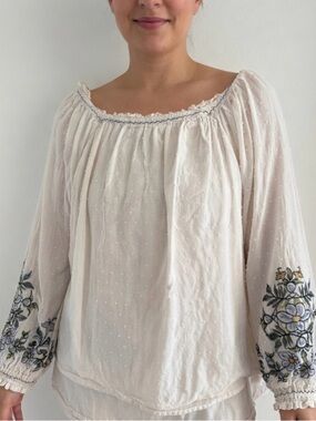 Cream Embroidered Peasant Blouse with Floral Sleeves